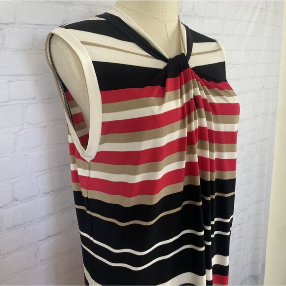 ⭐ 3/$15 Tommy Hilfiger Medium White Black Pink Tan Stripe Ruched Blouse Tank Top - Picture 3 of 9
